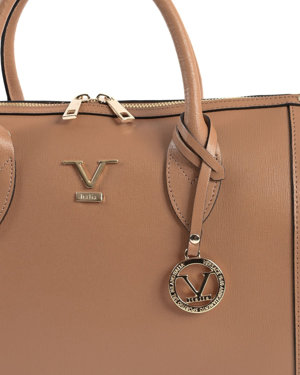 Sac à Main en Cuir Beige Foncé V Italia V014-G – Saffiano, Fabrication Italienne (33 x 22 x 15 cm) - LANOVRA