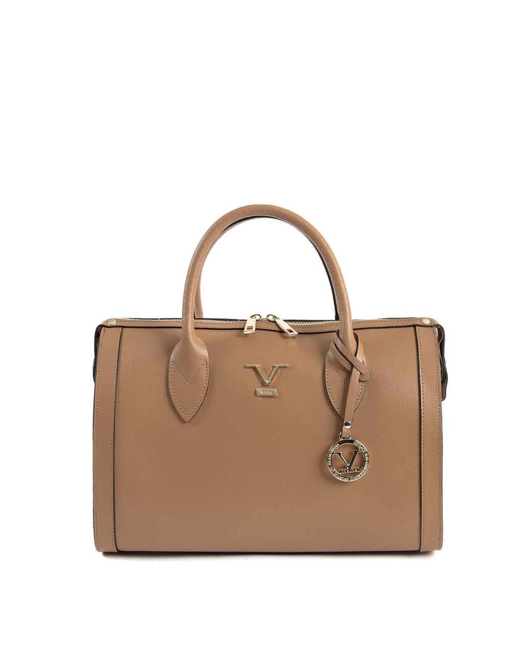 Sac à Main en Cuir Beige Foncé V Italia V014-G – Saffiano, Fabrication Italienne (33 x 22 x 15 cm) - LANOVRA
